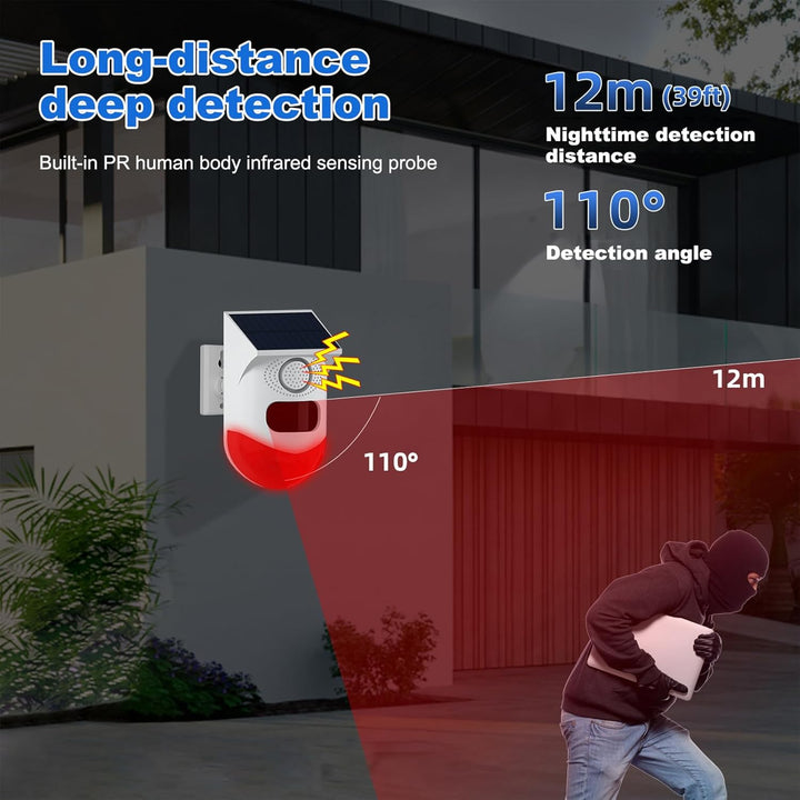Reliable solar security alarm with motion sensor detection, powerful 120dB siren & strobe light.