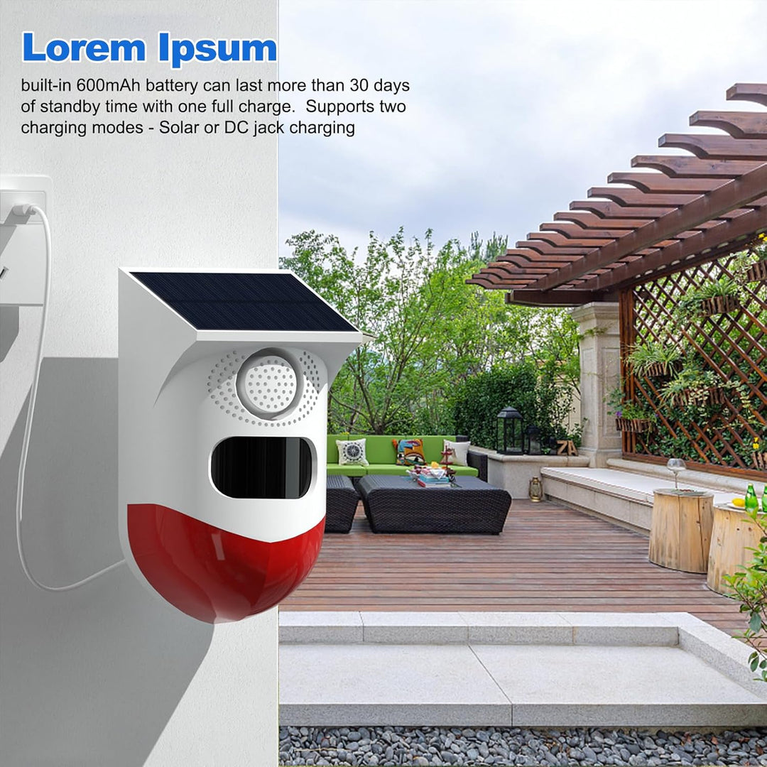 High-visibility solar strobe alarm with motion sensor and loud 120dB siren for enhanced security.