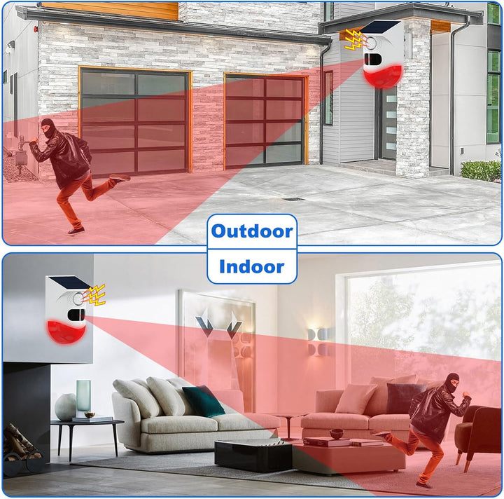 Effective solar motion sensor security alarm featuring 120dB siren and strobe to deter intruders.