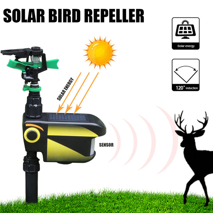 Motion-activated solar sprinkler, effective humane animal repellent for garden protection.