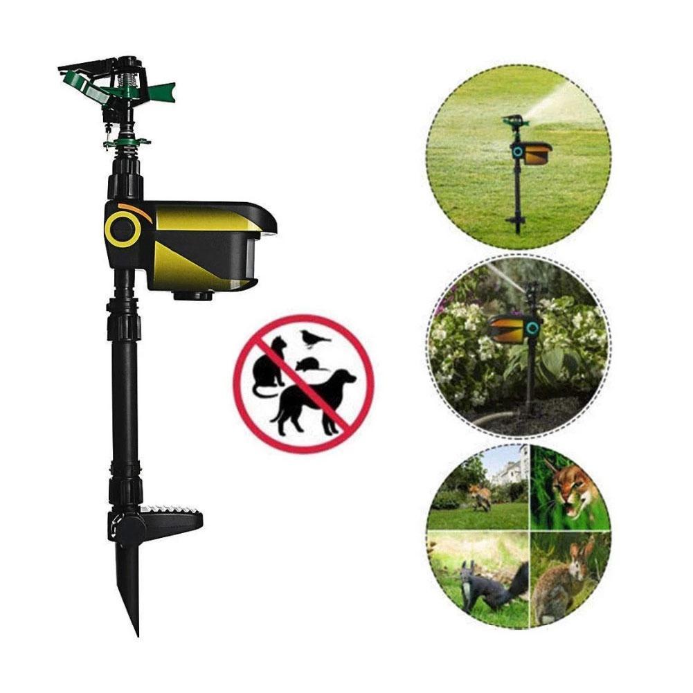 Motion-activated solar pest control sprinkler. Protects gardens from deer, humane & effective.