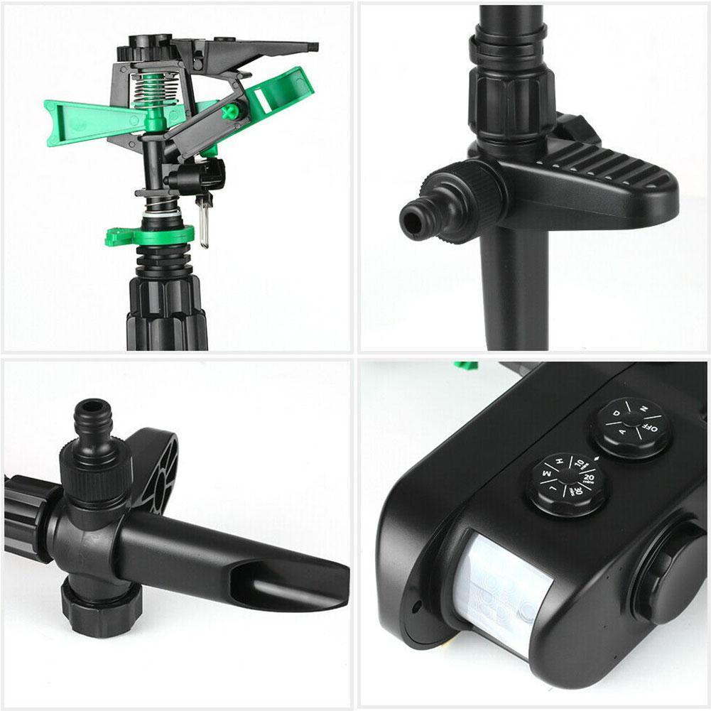Humane deer deterrent solar sprinkler, outdoor garden animal repellent water spray.