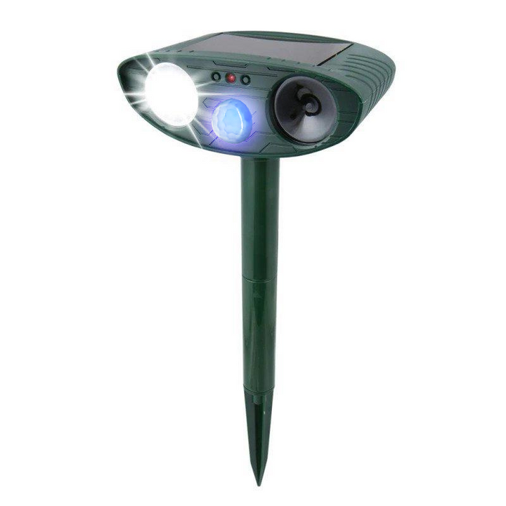 Solar ultrasonic rabbit repeller for garden protection. Keeps pests away with humane flashing light.