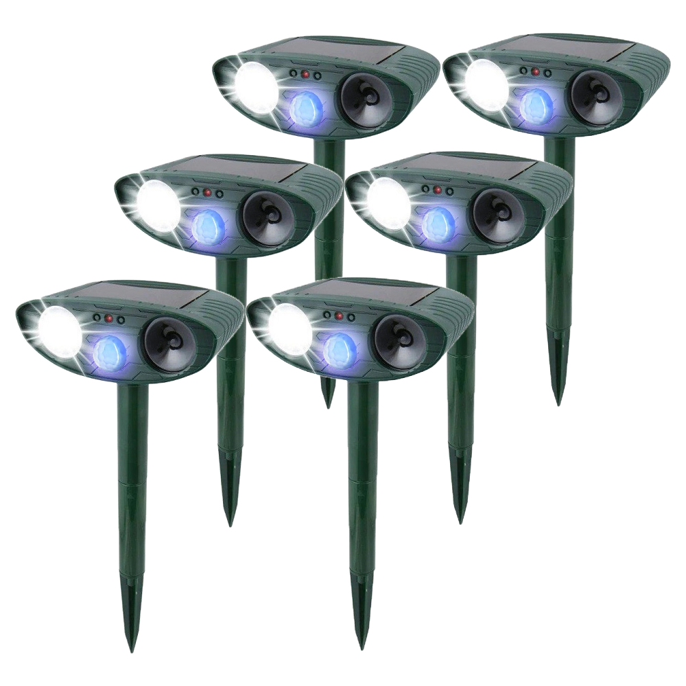 Outdoor humane rabbit deterrent with solar charging and flashing features to protect plants.