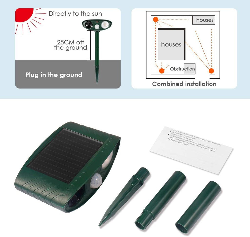 Humane solar-powered rabbit deterrent device with an integrated flashing light for yard defense.