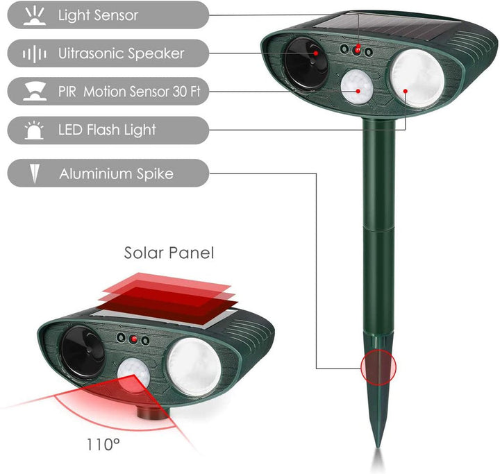 Flashing light rabbit repeller for humane garden protection against unwanted animals and pests.