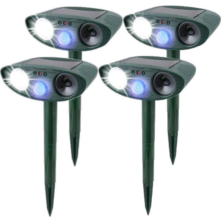Garden defender: solar ultrasonic rabbit repeller with flashing light and stake for easy setup.