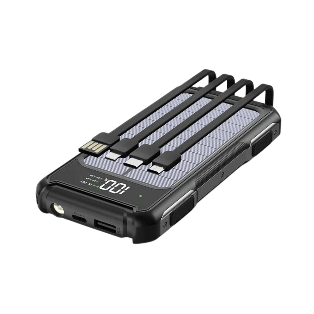 SolarCharge 20K portable power bank with LED display, black finish, charging in sunlight