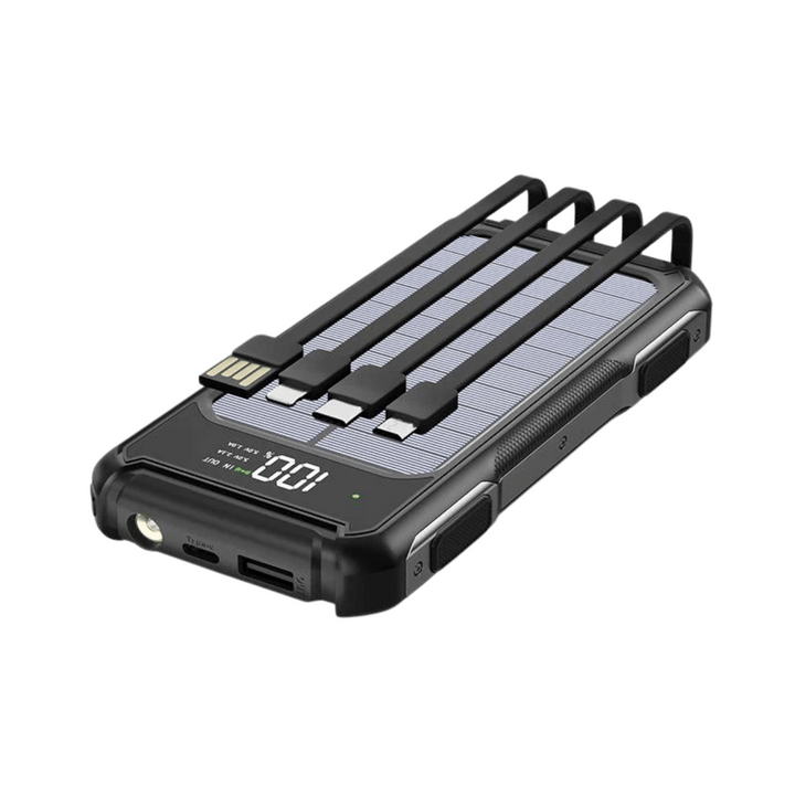 SolarCharge 20K portable power bank with LED display, black finish, charging in sunlight
