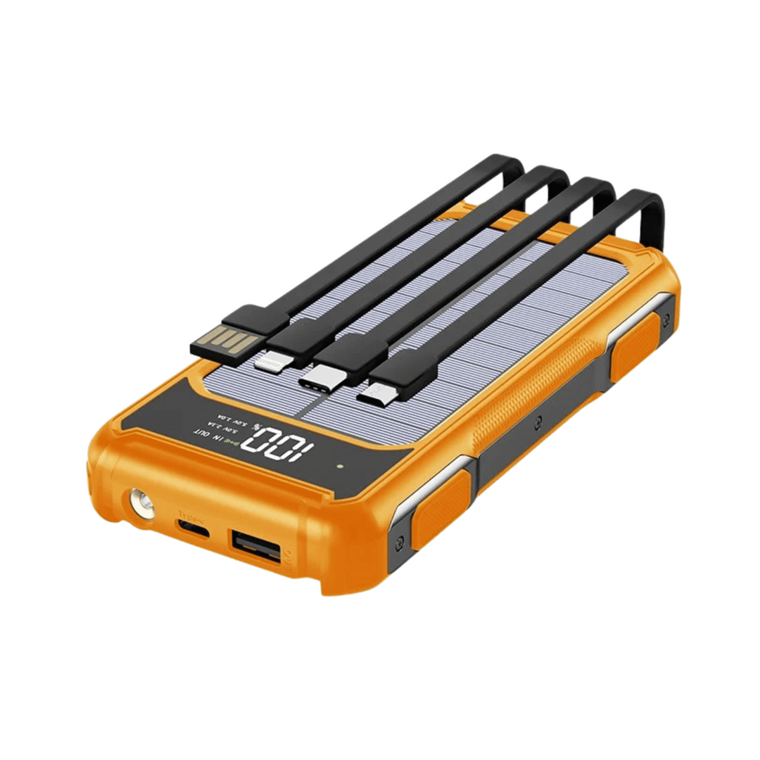 Lifestyle image of SolarCharge 20K power bank charging a phone at a campsite, travel essential