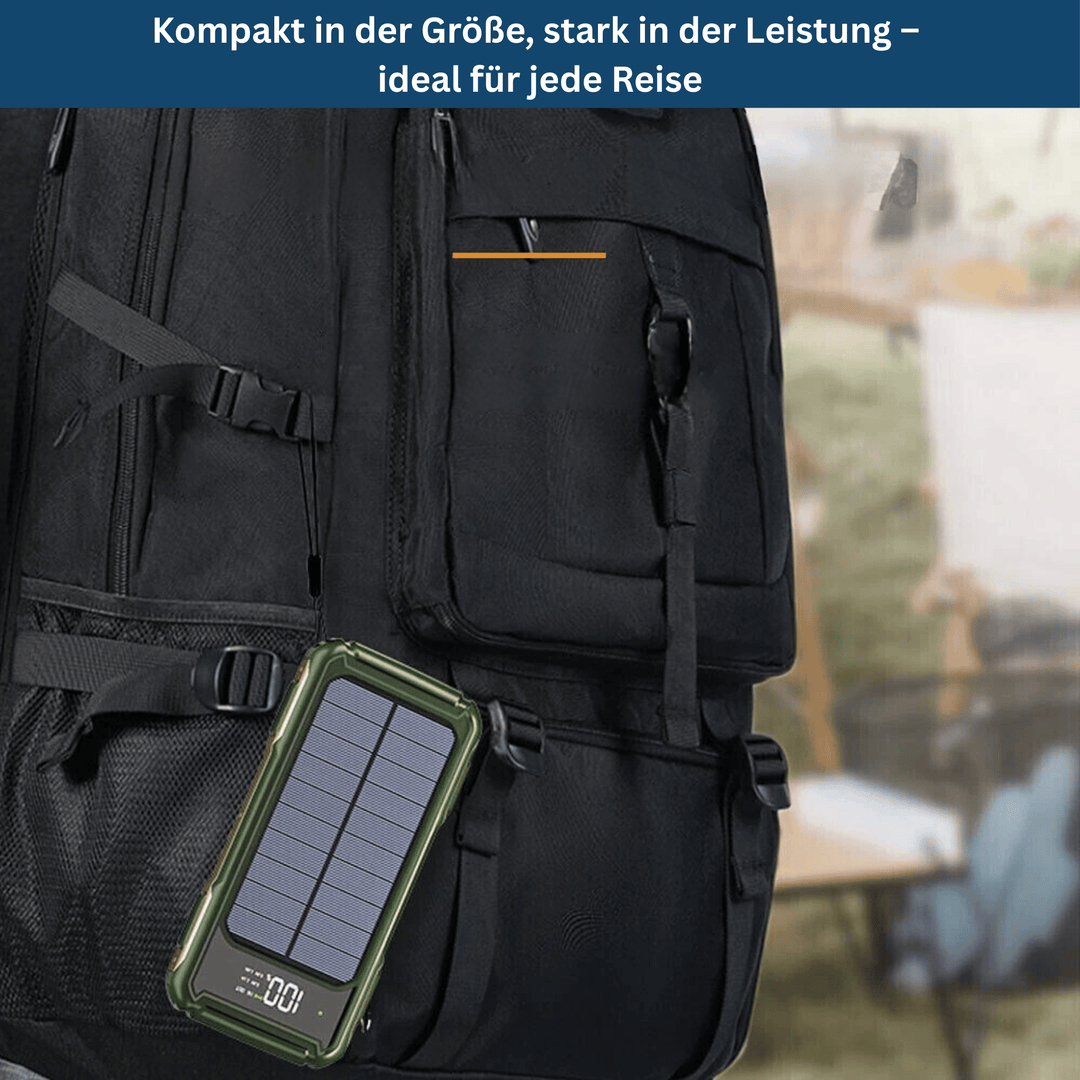 Outdoor shot of SolarCharge 20K power bank, demonstrating its solar charging capability