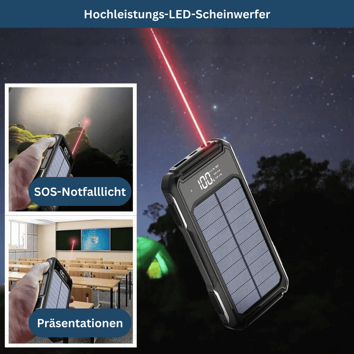 Hand holding SolarCharge 20K 20000mAh power bank, emphasizing portability and design