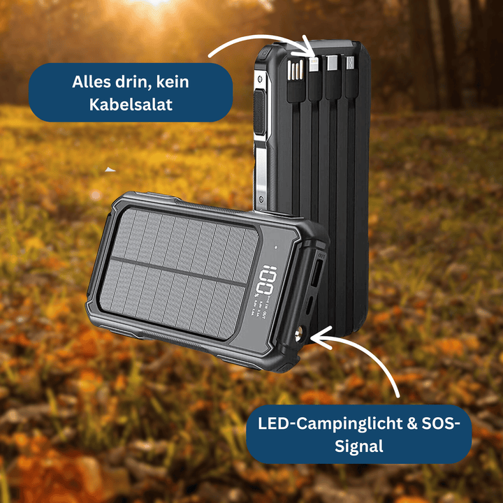 SolarCharge 20K power bank with an integrated USB cable displayed for convenience