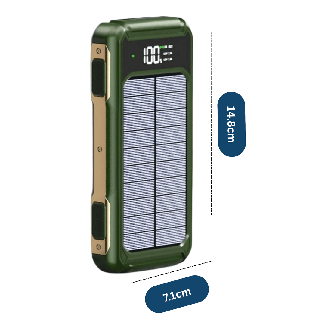SolarCharge 20K solar charger on a hiking backpack, ideal for travel and outdoor gear