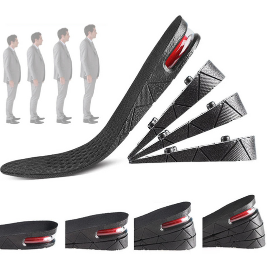 "Solette rialzo scarpe unisex, comode e discrete, per aumentare l'altezza fino a 9 cm con design regolabile e ventilato."