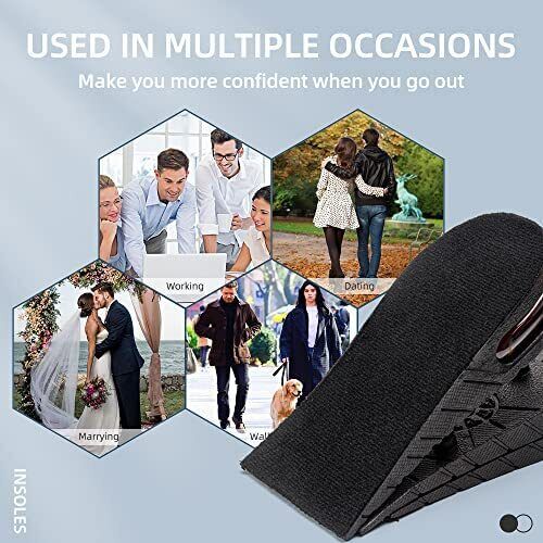 "Solette rialzo scarpe unisex, comode e discrete, per aumentare l'altezza fino a 9 cm con design regolabile e ventilato."
