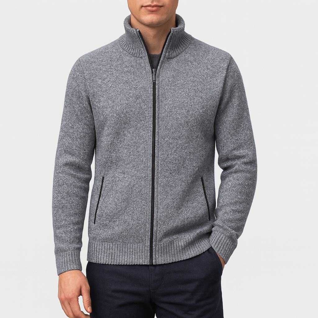 Versatile men's long sleeve zip collar cardigan, ideal for sophisticated casual or business casual layering.