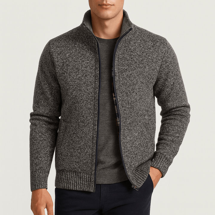 Stylish men's zip collar cardigan for a sleek, modern look. Perfect for sophisticated casual or formal outfits.