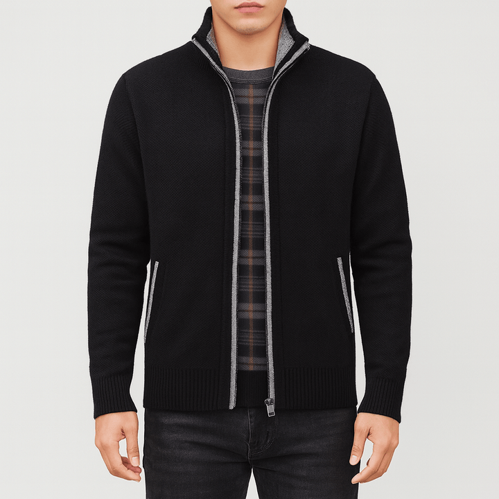 Men's sophisticated zip collar cardigan, a comfortable and versatile long-sleeve outerwear layer for all seasons.