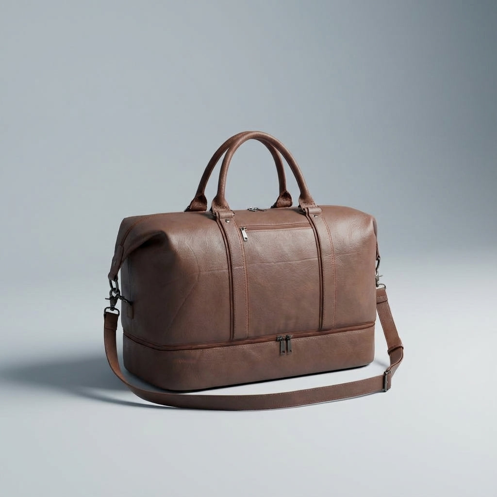 Durable leather duffel bag, a waterproof carry-on travel bag for unisex weekend getaways with shoe storage.