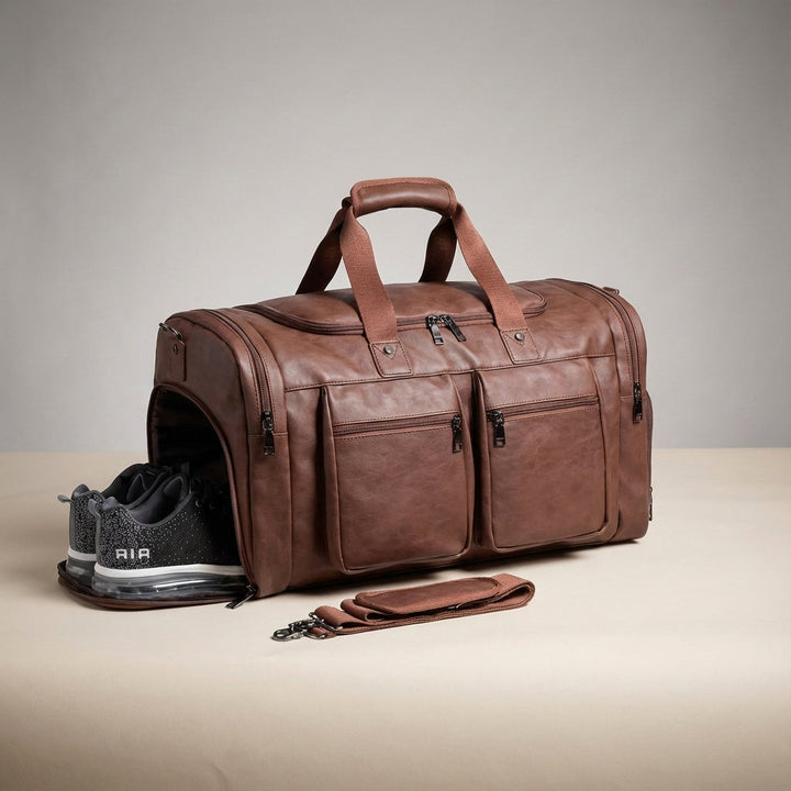 Durable leather carry-on bag, a spacious unisex weekender with an integrated shoe compartment for organized travel.