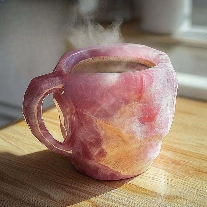 Elegant rose quartz crystal coffee mug, unique handcrafted design. Ideal for coffee, tea, or as home decor.