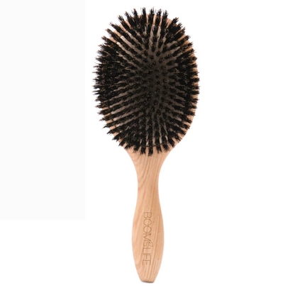 Spazzola capelli unisex in legno, setole cinghiale, manico liscio, ideale per styling naturale e capelli privi di crespo.