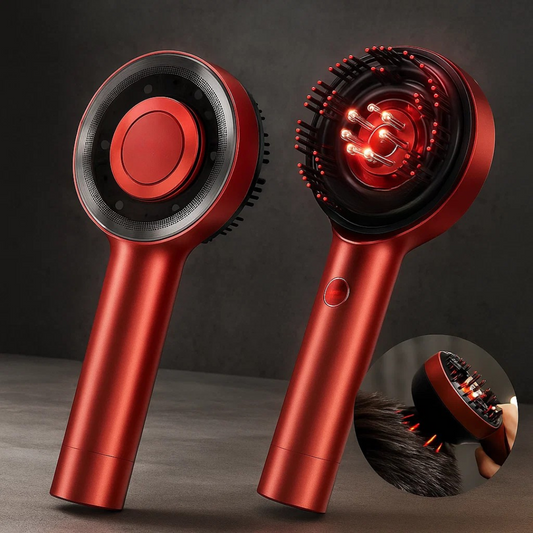"Spazzola massaggiante per cuoio capelluto con luce rossa, design ergonomico, ideale per stimolare la crescita dei capelli."
