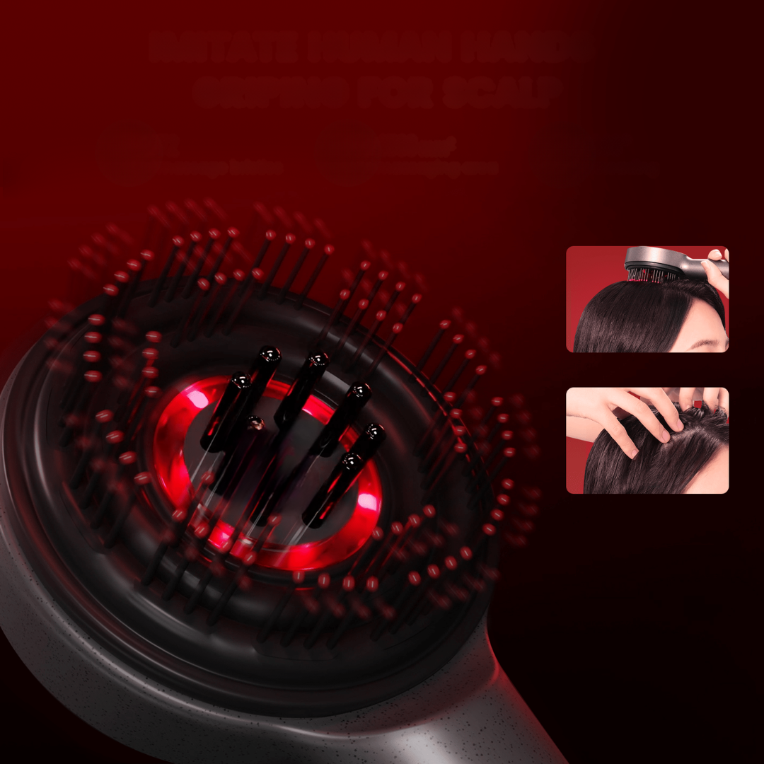 "Spazzola massaggiante per cuoio capelluto con luce rossa, design ergonomico, ideale per stimolare la crescita dei capelli."