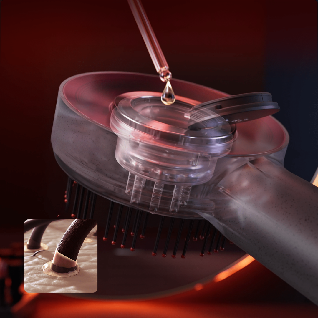 "Spazzola massaggiante per cuoio capelluto con luce rossa, design ergonomico, ideale per stimolare la crescita dei capelli."