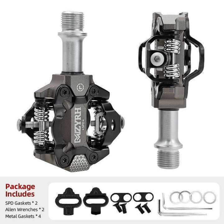 Side view of clipless SPD cycling pedals, robust construction for both road and mountain biking