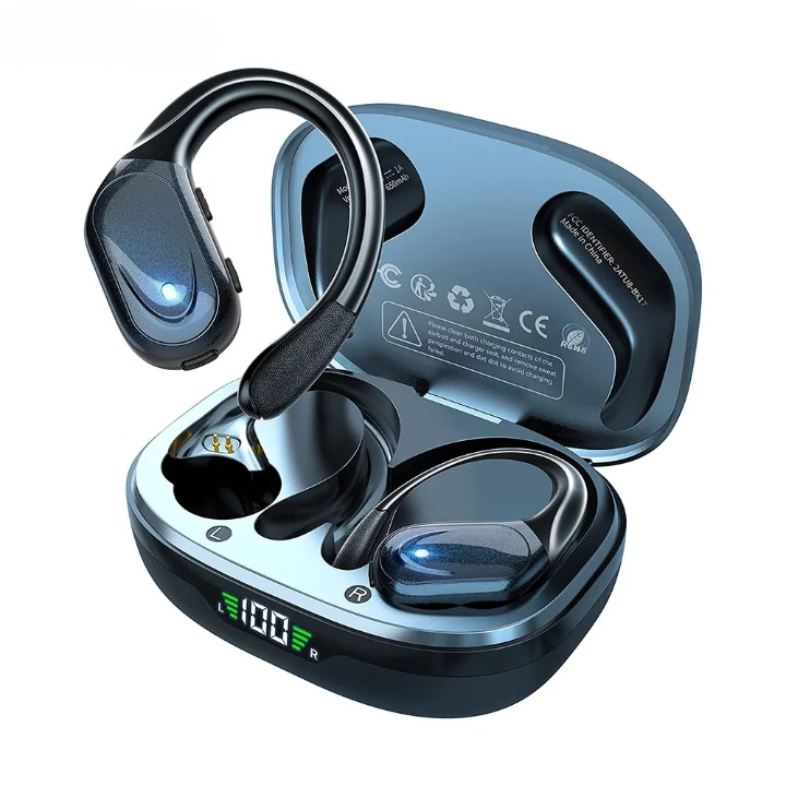Sport Bluetooth 5.3 earbuds with mic, LED display charging case, and 75H playback.
