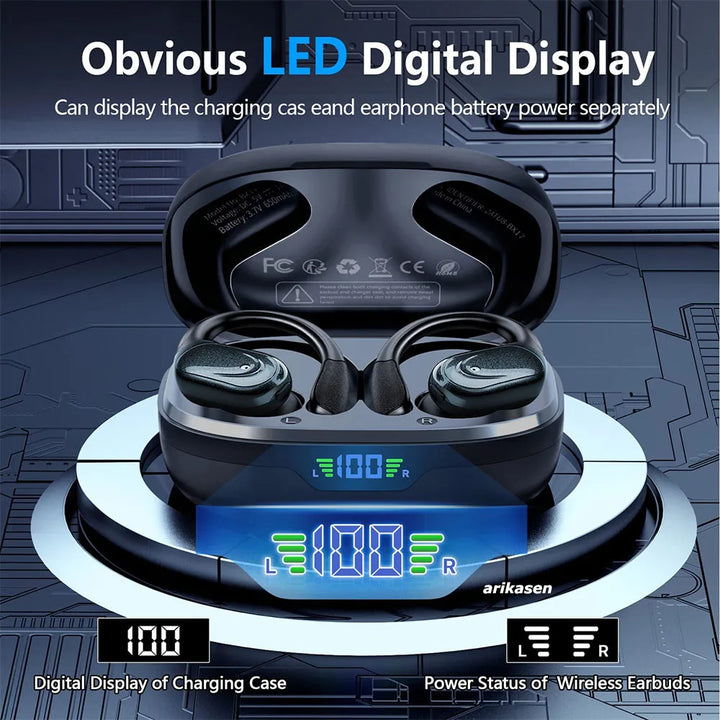Wireless Bluetooth 5.3 earbuds with LED digital display charging case, mic, and 75H total playback.
