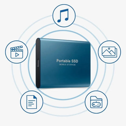 "SSD esterno portatile veloce, alluminio, USB 3.1, compatto e leggero, per archiviazione dati 1TB-16TB, design elegante."