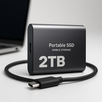 "SSD portatile USB-C antiurto, design compatto blu, nero o rosso, alta velocità trasferimento fino a 1050 MB/s."