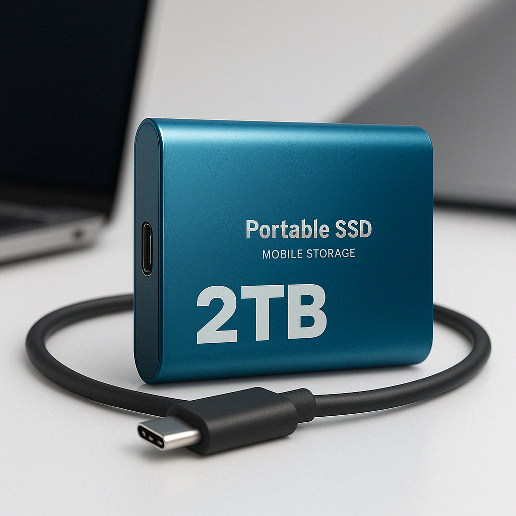 "SSD portatile USB-C antiurto, design compatto blu, nero o rosso, alta velocità trasferimento fino a 1050 MB/s."