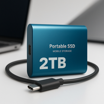 "SSD portatile USB-C antiurto, design compatto blu, nero o rosso, alta velocità trasferimento fino a 1050 MB/s."