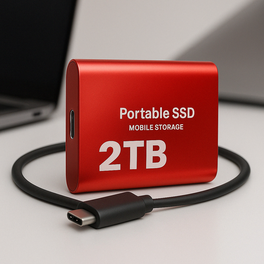 "SSD portatile USB-C antiurto, design compatto blu, nero o rosso, alta velocità trasferimento fino a 1050 MB/s."