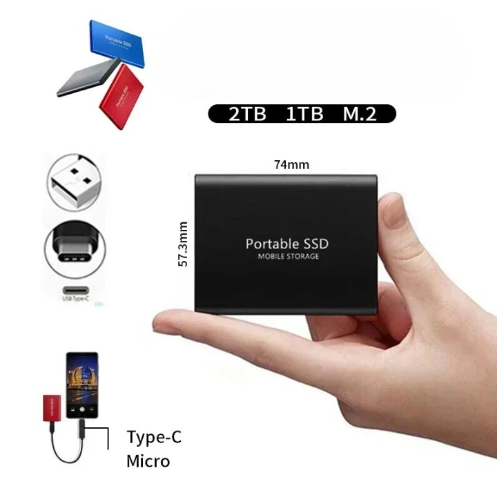 "SSD portatile USB-C antiurto, design compatto blu, nero o rosso, alta velocità trasferimento fino a 1050 MB/s."