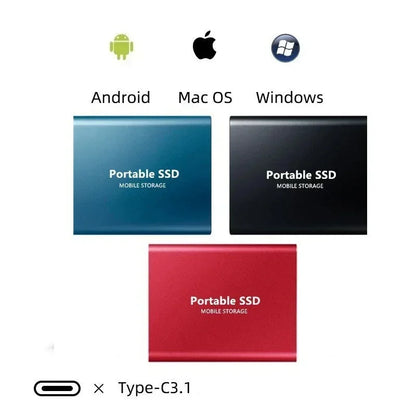 "SSD portatile USB-C antiurto, design compatto blu, nero o rosso, alta velocità trasferimento fino a 1050 MB/s."