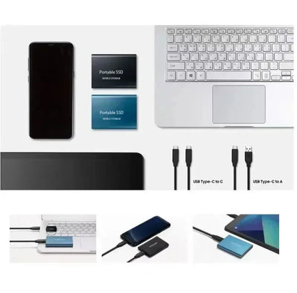 "SSD portatile USB-C antiurto, design compatto blu, nero o rosso, alta velocità trasferimento fino a 1050 MB/s."