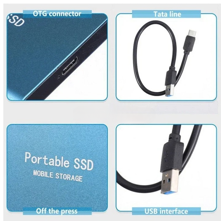 "SSD portatile USB-C antiurto, design compatto blu, nero o rosso, alta velocità trasferimento fino a 1050 MB/s."