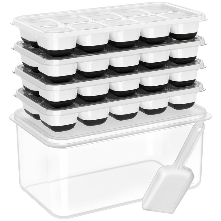 Easy-release silicone ice cube trays, stackable design with bin, ideal for cocktails & home bar.