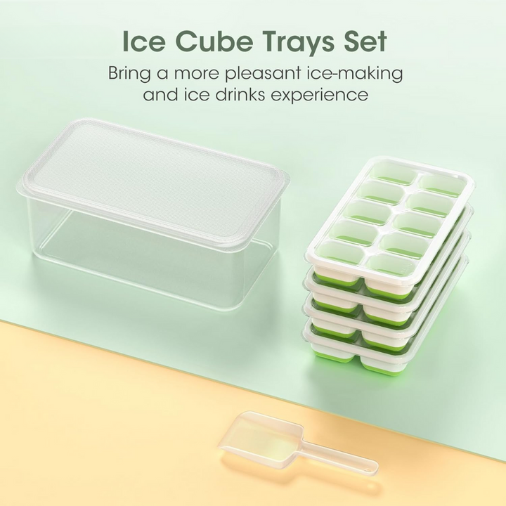 Essential kitchen stackable silicone ice cube trays & bin. Perfect for home drinks & freezer organization.