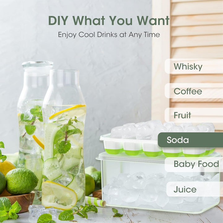 Ergonomic silicone ice molds for easy cube removal, paired with a convenient ice storage bin.