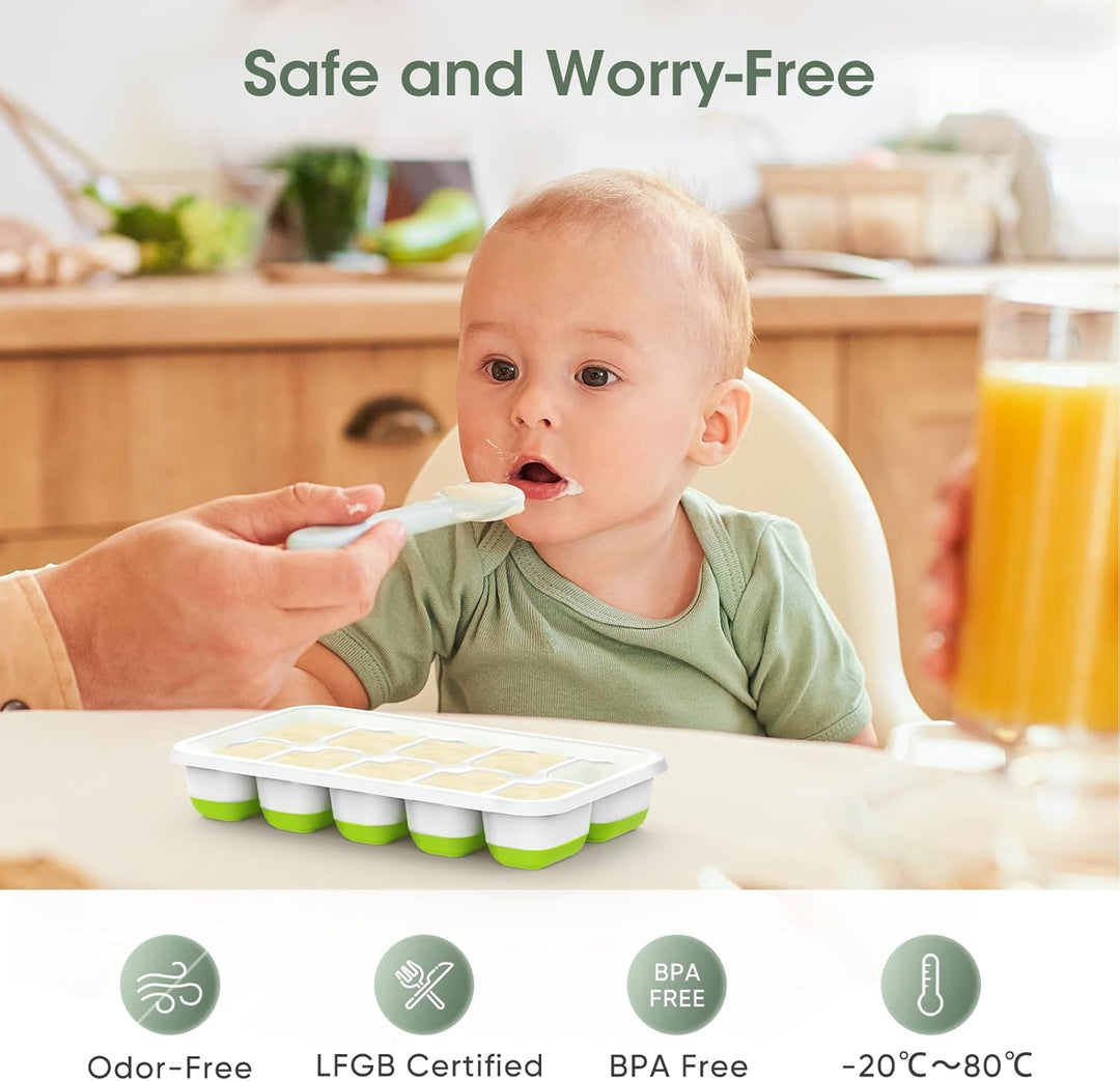 Complete silicone ice cube system with stackable trays, lids, & a large storage bin for your freezer.