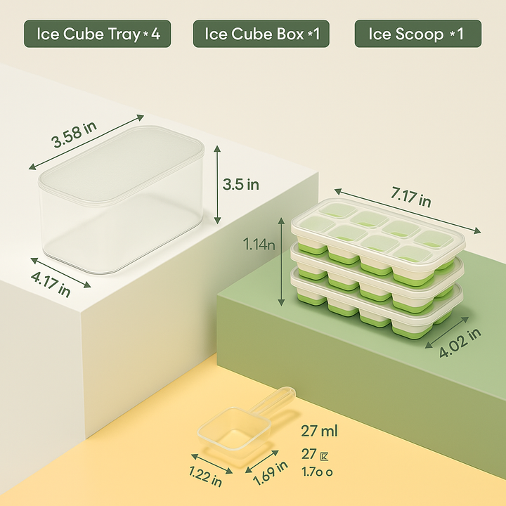 Versatile stackable silicone ice cube trays with storage bin & scoop. Ideal for home barware.