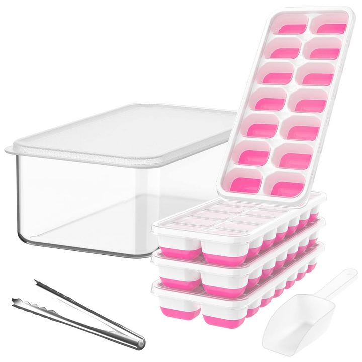 Silicone ice maker set with lidded trays and large storage container. Essential for cold beverages.