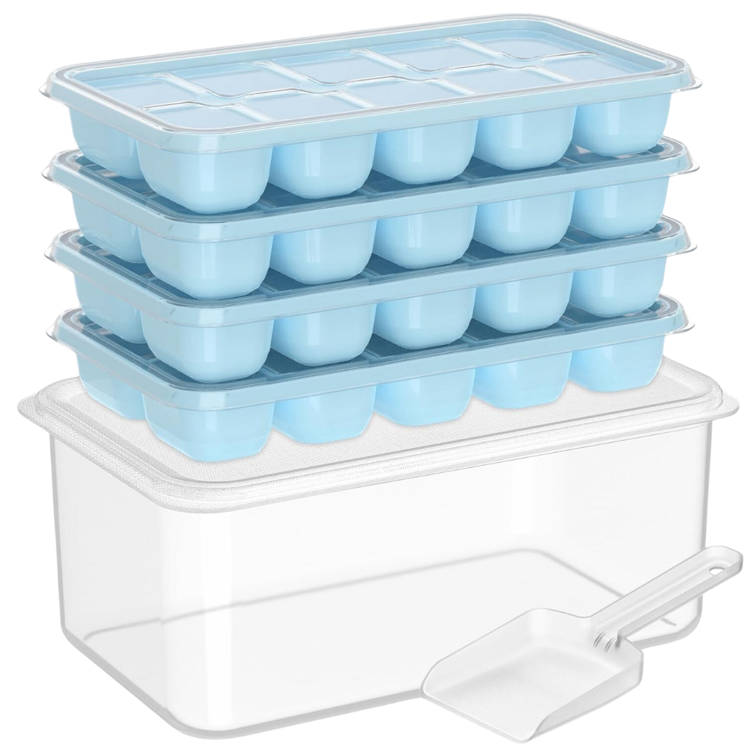 Clear view of stackable silicone ice cube trays filled, with a matching storage bin in freezer.