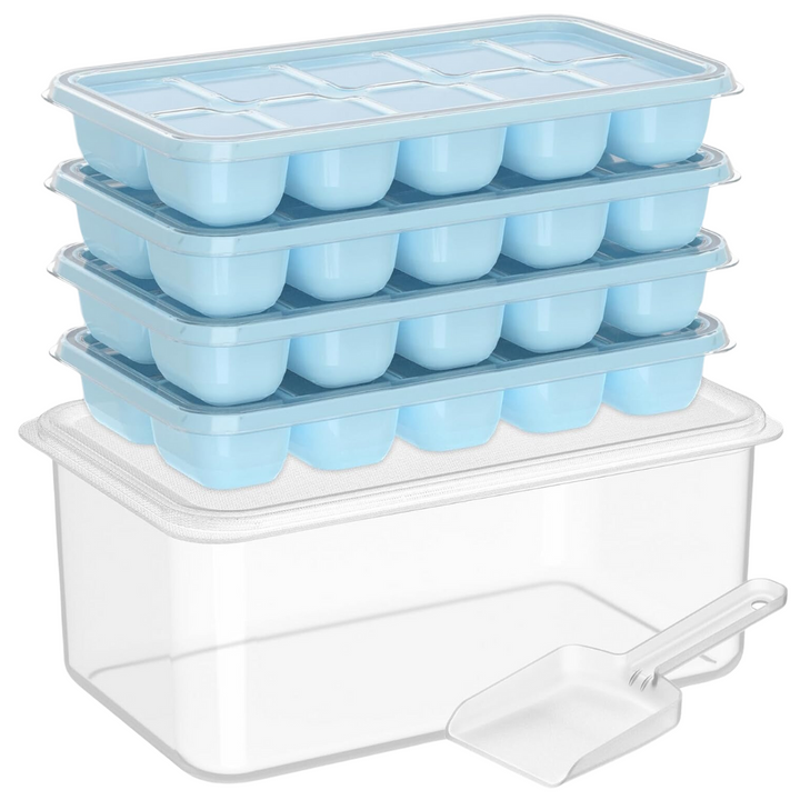 Clear view of stackable silicone ice cube trays filled, with a matching storage bin in freezer.